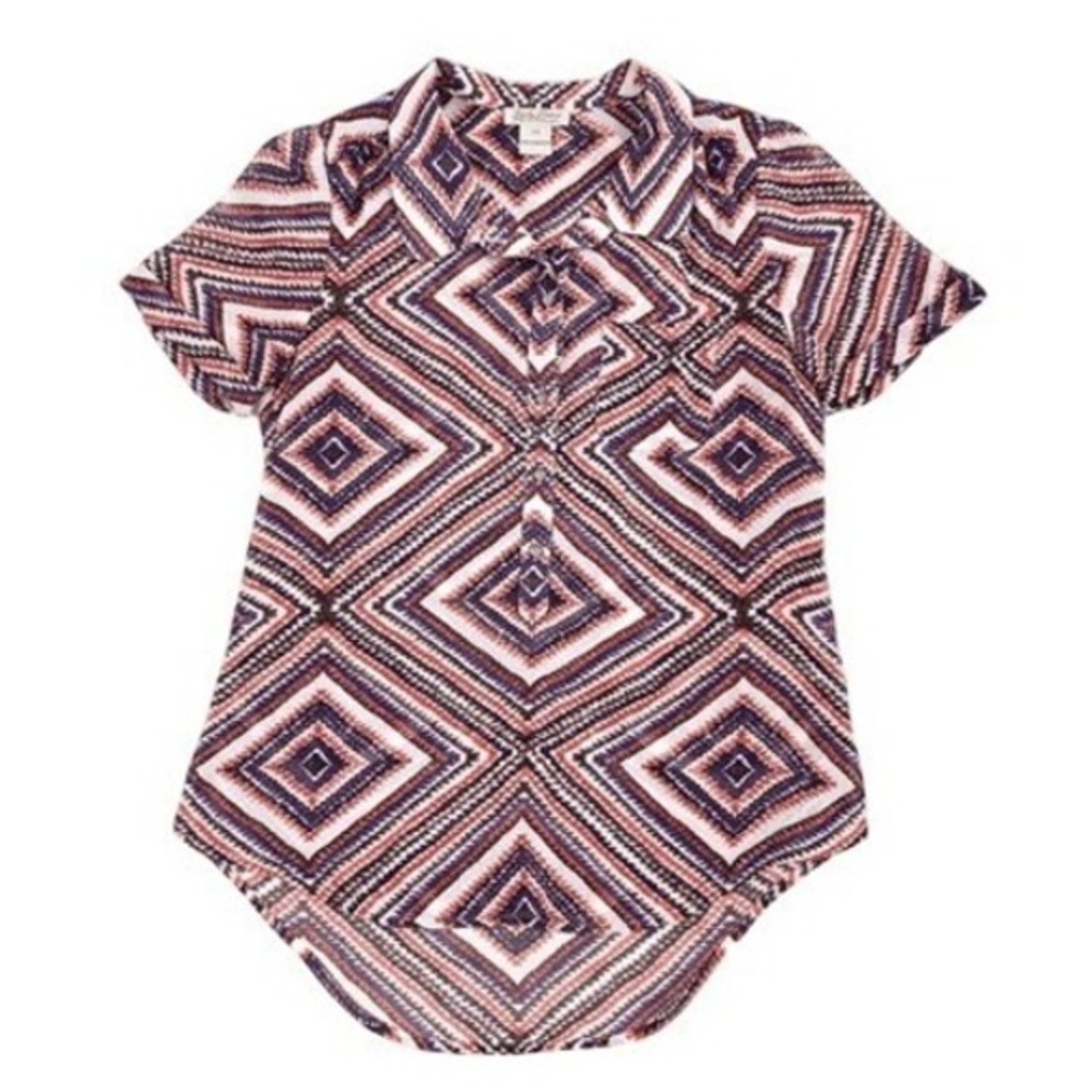 Lucky Brand Sheer Zig Zag Short Sleeve Button Down Blouse Top Orange Purple XS